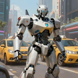 A hyper real comic book style portait painting of a robot taxi in a future city, unreal 5, hyperrealistic, octane render, cosplay, RPG portrait, dynamic lighting