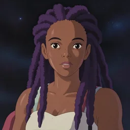 black woman with purple dreads in space in the style of ghibli