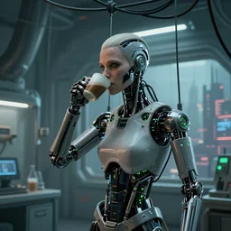 a terminator cyborg lady with borg implants and a human face and is hanging from cables and wires off the ceiling of a lab and is drinking coffee. tiny green led lights in her cybernetics. sophisticated lab in the background, with dystopian city visible through the window. very detailed 8 k. horror cyberpunk style.