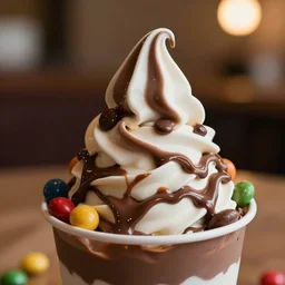 chocolate - vanilla soft serve ice cream swirl in a cup. food photography. colorful candies and nutella sauce on top. cinematic, delightful, tasty, beautiful, cinematic lights in behind. realistic. details. canon ef - s 3 5 mm f / 2. 8 macro is stm