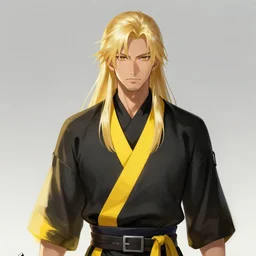 male bladesman, long blonde hair, stubble, black and yellow outfit, concept painting by yoji shinakawa, by shigenori soejima, by yoshitaka amano, pixiv, artstation