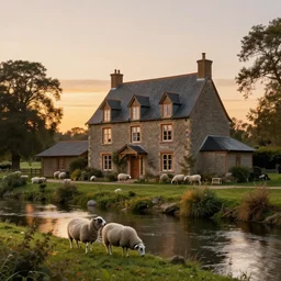 quaint victorian farmhouse beside a river with sheep in the adjacent yard at sunset, by henri rousseau, full resolution