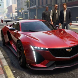 closeup low angle photo concept science fiction car cadillac sixteen on a city street, gta 5, hyper detailed, smooth, high contrast, volumetric lighting, octane, jim lee, giorgetto giugiaro, craig mullins, chris bangle, ian callum!, vibrant rich deep color, comic book