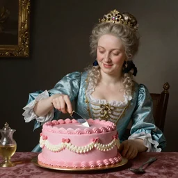 Marie Antoinette cutting a pink cake. Baroque painting, trending on artstation, 50mm, photo realistic, highly detailed, ultra realistic, octane render