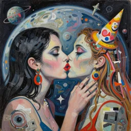 beautiful painting of two bizarre psychedelic women kissing each other closeup on an alien planet, speculative evolution, mixed media collage by basquiat and junji ito, magazine collage art, paper collage art, sapphic art, lesbian art
