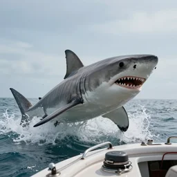 huge white shark attacking a boat, scary cinematic scene, photorealistic. octane render