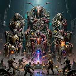 oils of 4 character, tiered grimy organs tossed onto throned insect god machines, cluster tiered heirarchy, battle chaos, mainframe hydrocracking battles, medical chromed final battle, oppressive dystopian, by wayne d barlowe, francesco blanc, jack gaughan, simon bisley, geof darrow, alex nino, enric torres, hyper realism, narrative light, neon