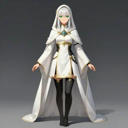 Female cleric, white robes, jet black leggins!, golden accents, green eyes, extremely detailed face!, young, 2 arms and 2 legs!, looking frontal view, high fantasy, by Albert Aublet, Krenz Cushart, WLOP, Sakimichan