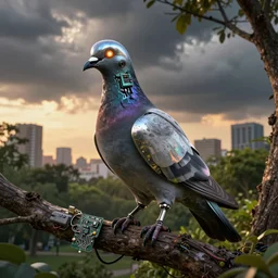 robotic scifi pigeon with chrome beak and metal wings and glowing eye perched on a tree branch, lush city park, golden hour, intense storm clouds, city background, electronics circuit board and wires, panels and rivets, iridescent, grunge and dirt, sharp details, octane render, artstation, designed by lamborghini and tesla