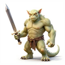 dog - faced muscular goblin, ugly face, lizard tail, holding scimitar made of bone, scimitar, sword, jagged sword, curved sword, orkish sword, colorized, green skin, hyper - detailed, primeval fantasy, prehistoric fantasy, drawn by frank frazetta