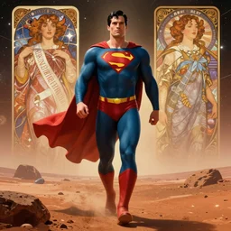 a wide angle shot from below!!!, of a male superman with a handsome bodybuilder body walking with the swagger towards camera on mars in a infinite universe, synthwave digital art by alphonse mucha and greg rutkowski
