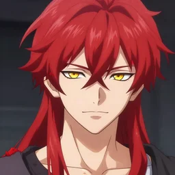 portrait of hisoka anime male 2 0 years old male evil sharp features very very narrow yellow eyes red red soft tousled crimson hair thin lips arch eyebrows anime pixiv smooth skin overwatch moira art by wlop ruan jia