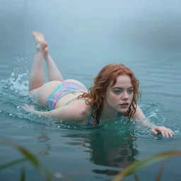 surreal Emma Stone swimming in chromatic distortions in misty mysterious place, beautiful, psychedelic, lsd, trending on artstation, omnious, soft, artwork by Tran, Ross