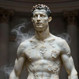 the long shot of sculpture of cristiano ronaldo with flowing tears, fractal flowers on the skin, intricate, a marble sculpture by nicola samori, behance, neo - expressionism, marble sculpture, made of mist, still frame from the prometheus movie by ridley scott with cinematogrophy of christopher doyle, arri alexa, anamorphic bokeh, 8 k