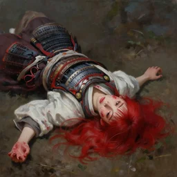 landscape, half body portrait painting beautiful realism, a japanese girl red hair in armor who was sprawled out was about to rise, his face covered in blood. cinematic scene, good lighting, fine art, trending on artstation, smooth draw, sharp focus.