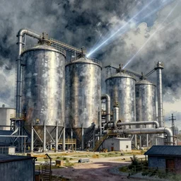 concept art of a industrial complex silos, pinterest, artstation trending, behance, watercolor, by coby whitmore, silver, laser light,