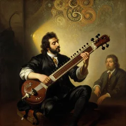 ravi shanker playing sitar in baroque paintingpainting by gaston bussiere, craig mullins, j. c. leyendecker, lights, art by ernst haeckel, john william godward, hammershøi,,