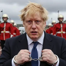 boris johnson being arrested by space marines, high detailed, photography, cloudy, handcuffs, crying, uk, plain, detailed face, look into the distance, serious face, full body, professional photographer, masterpiece, 5 0 mm, extremely detailed, 8 k