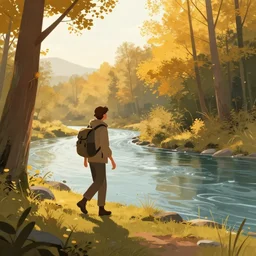 an adventurer walking along the river bank in a forest during the golden hour in autumn, digital art, concept art, magic fantasy, scenic, vibrant colors, high contrast, highly detailed, trending on artstation, 8k, andreas rocha, sylvain sarrailh, darek zabrocki, finnian macmanus, dylan cole, liang mark, albert bierstadt, sung choi, peter mohrbacher, greg rutkowski, studio ghibli