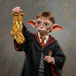 Dobby from Harry Potter movie holding a golden sock up in the air, oil painting