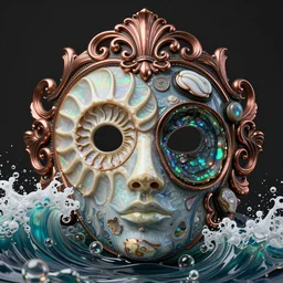 ornamental mask, Art Nouveau cresting oil slick waves, hyperdetailed bubbles in a shiny iridescent oil slick wave, ammolite, dinosaur bone, detailed giant opalized ammonite shell, black opal, abalone, paua shell, ornate copper patina medieval ornament, rococo, organic rippling spirals, octane render, 8k 3D, druzy geode, cresting waves and seafoam, portrait