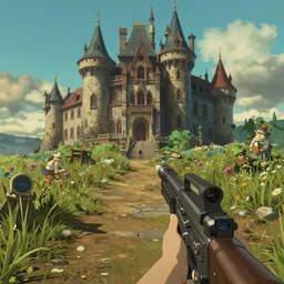 game trailer of a semi realistic first person studio ghibli, pixar and disney animation, sharp, shooter game trailer on victorian castle, castle landscape, cinematic lighting, ray tracing, unreal engine 5, photorealistic