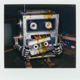a anthropomorphic vcr robot eating a vcr cassette, gross oil leaking, messy oil everywhere, detailed, intricate, wet metal, oily, bright lights, shocking, 1 9 7 1, polaroid photo, tv screenshot, horror, hyperrealism, photo realism