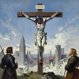 evangelion, crucifixion of the robot, in the apocalyptic city, detailed, impressionistic by james gurney, willem claesz heda and j. dickenson