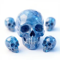 tiny skulls crystal gemstone blue rendering, photorealistic, bright backround, photography, artstation