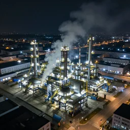High angle shot of a vast industrial area. Smoke rises in the air. It is nighttime. Buildings are visible in the background.