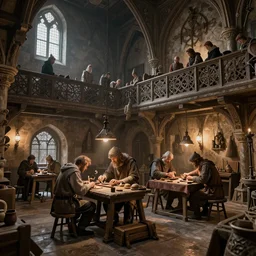 photo of medieval craftsmen working inside a medieval building, hypermaximalistic, high details, cinematic, 8k resolution, beautiful detailed, insanely intricate details, artstation trending, octane render, unreal engine