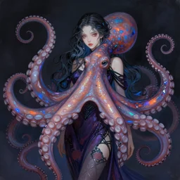 a painting of a female is made with octopus octopus tentacles, trending on artstation, fantasy art, lovecraftian, mystical, wiccan, highly saturated colors, holographic undertones, anime stylized, accurate fictional proportions, dark aesthetic, intricate, elegant, sharp focus, illustration, highly detailed, digital painting, concept art, matte, art by wlop and artgerm and greg rutkowski and jae lee, masterpiece