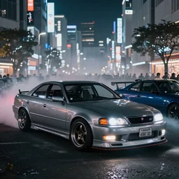 a car JZX100 twin turbo drift at illegal car meet, Shibuya prefecture city midnight mist lights cinematic lighting photorealistic highly detailed wheels, high detail
