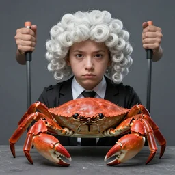 crabs in wigs under arrest. photorealistic, high detail