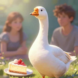 a cannibal goose with a cheesecake, by artgerm and greg rutkowski and alphonse mucha, trending on artstation, cinematic light, pastel colors, volumetric shading, high radiosity dull skin, global illumination, radiant light, soft light, soft color dodge, subsurface scattering