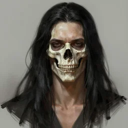 An androgynous man with long black hair and a partially skeletal face, highly detailed, digital painting, artstation, concept art, sharp focus, illustration, art by greg rutkowski and alphonse mucha