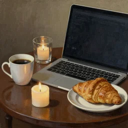 a close - up of a macbook laptop on a candle - lit table. a coffee mug and a croissant in a plate. painting in the style of rembrandt