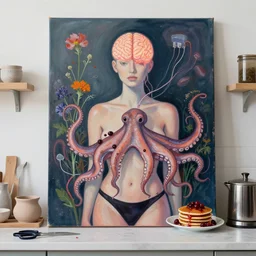 a portrait in a female artist's kitchen, a woman with shaved head, surgical equipment, scissors, pottery, australian wildflowers, a glowing brain, high voltage electricity, feminine, organic, octopus, squashed berries, pancakes, black underwear, neo - expressionism, surrealism, acrylic and spray paint and oilstick on canvas