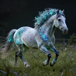 a stunning horse with a mane of bioluminescent plants running through a meadow by eddie mendoza ( flowerpunk ), volumetric light, digital art, fine detail, photorealistic