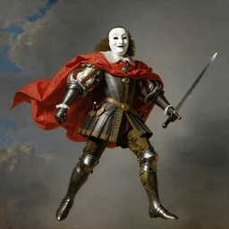 man wearing theater comedy mask floating in the sky , he is wearing a doublet and elizabethan trousers, he is wearing a red billowing capelet draped over his shoulder, he has armored gloves and armored boots, he carries a shortsword in his left hand, painted by frans hals
