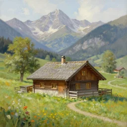quiet cottage in an alpine valley, painting by thomas kinkade