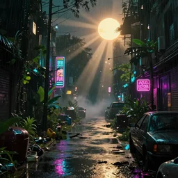 Cyberpunk street at night, suns rays, rain, lush vegetation, junk everywhere, neon signs, magical atmosphere, mist, photo realistic, 35mm, octane render, 8k, guido borelli da caluso