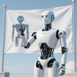 dystopian humanoid robot dictator giving a propaganda speech to human like large flags with robot heads on them