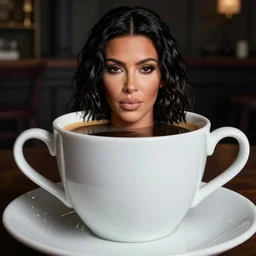 Kim Kardashian's head peeking out of a giant espresso cup, cinematic, highly detailed, HD, 4K, professional image, professional lighting