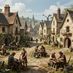 medieval township with various workers performing different crafts, homes blacksmiths and smoked chimneys, epic, cinematic, high quality digital art, fantasy