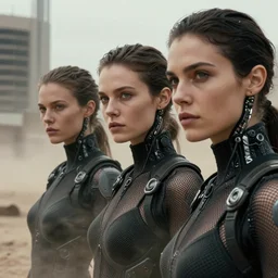 cinestill 5 0 d photographic portrait of loving female androids wearing rugged black mesh techwear in a desolate american city, extreme closeup, modern cyberpunk, dust storm, 8 k, hd, high resolution, 3 5 mm, f / 3 2, ultra realistic faces, intricate detail, ex machina