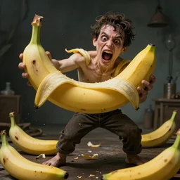 man freaks out as he turns into a banana. Highly detailed. 8k. Fantasy horror.