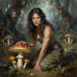 A mixed media portrait painting of a beautiful mycologist woman kneeling in a mushroom grove, detailed Aesthetic! face and eyes, brunette goddess, slavic, by Frank Frazetta, Greg Rutkowski, Beeple, Boris Vallejo, Christian MacNevin, epic fantasy character art, high fantasy, CGsociety, full length, exquisite detail, post-processing, masterpiece, cinematic