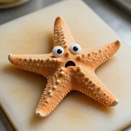a photo of a starfish with a horrified look on his face, laying on a cutting board. 4 k, hd, award winning photo.