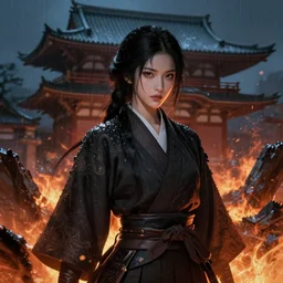 portrait black hair samurai warrior girl, in ruin fire rainy honnoji temple night, ssci - fi and fantasy, intricate and very very beautiful and elegant, highly detailed, digital painting, artstation, concept art, smooth and sharp focus, illustration, art by tian zi and wlop and alphonse mucha